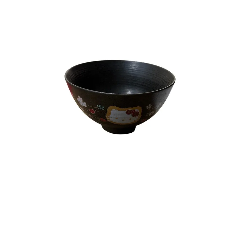 Sanrio Hello Kitty Ceramic Rice Bowl Black Matte Floral Rabbit Japanese Style